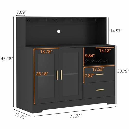Black buffet cabinet with dimensions and storage sections