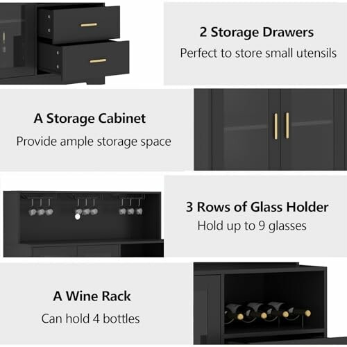 Black storage cabinet with drawers, glass holder, and wine rack.