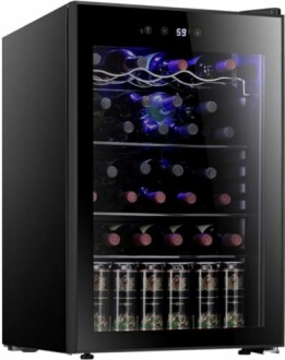 Black wine cooler with glass door and bottles inside.