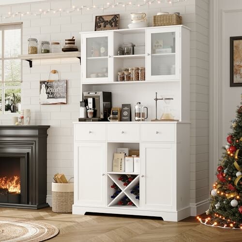 Cozy kitchen corner with white cabinet, coffee maker, and Christmas decor.