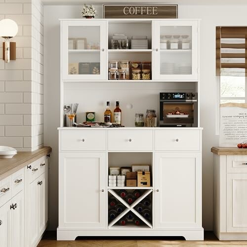 White kitchen cabinet with coffee station and storage.