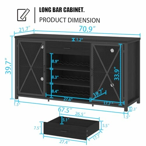Diagram showing dimensions of a long bar cabinet with shelves and drawers.