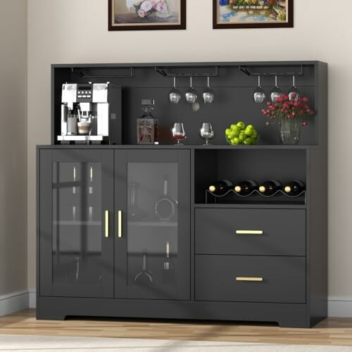 Modern home bar cabinet with glass doors, wine storage, and decor.