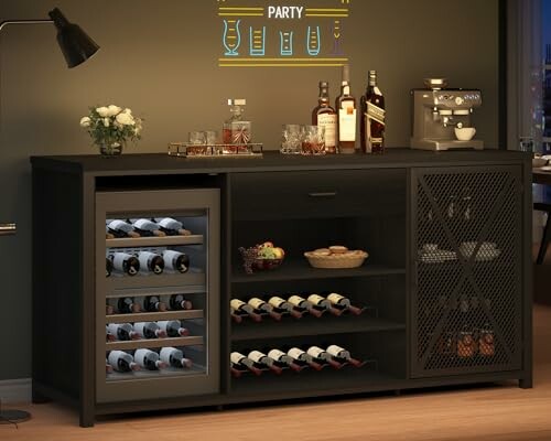 Modern home bar with wine rack, bottles, and coffee machine.