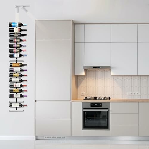 Sleek kitchen with wall-mounted wine rack and modern appliances.