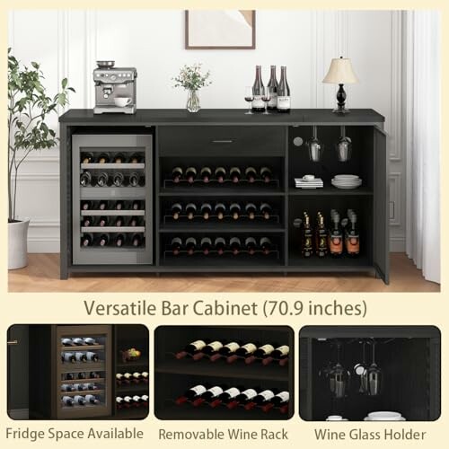 Versatile bar cabinet with wine storage and glass holder.