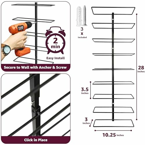 Installation guide for a wall-mounted shelf with dimensions and tools needed.
