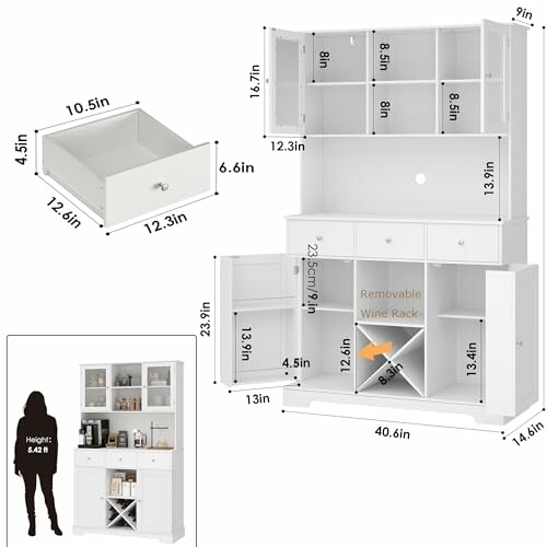 White kitchen storage cabinet with dimensions and removable wine rack.