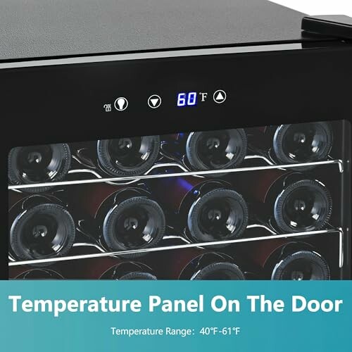 Wine cooler with temperature panel on the door showing 60°F.