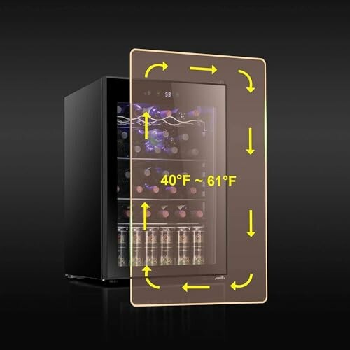 Wine fridge with temperature range displayed, showing 40°F to 61°F.