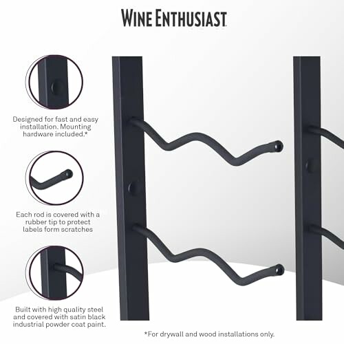 Close-up of a wine rack with features highlighted, including rubber-tipped rods and steel construction.