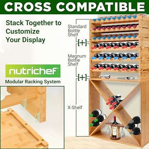 Modular wine rack system with cross compatible shelves for various bottle sizes.