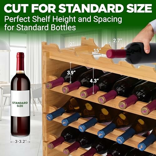 Wine rack with standard size bottle measurements.