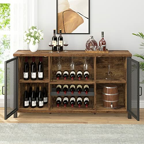Wooden wine storage cabinet with bottles, glasses, and decor.