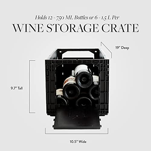 Black wine storage crate holding wine bottles with dimensions labeled.