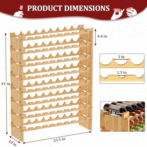 Diagram showing dimensions of a wooden wine rack with multiple tiers.