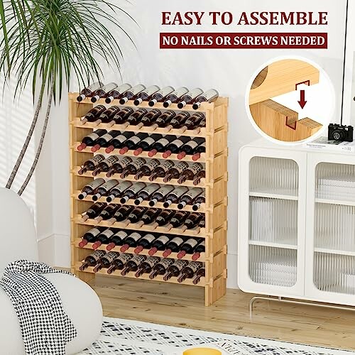 Wooden wine rack holding multiple bottles, easy assembly, no nails or screws needed.